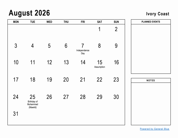 August 2026 Printable Monthly Calendar with Ivory Coast Holidays