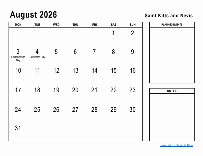 August 2026 Printable Monthly Calendar with Saint Kitts and Nevis Holidays