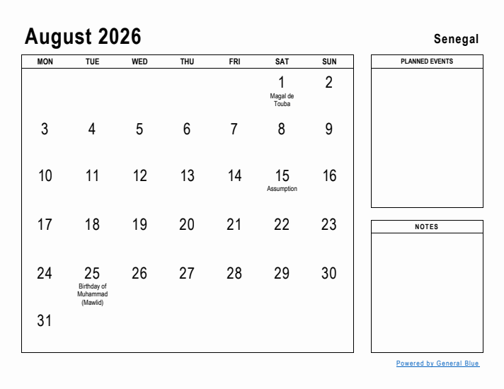 August 2026 Printable Monthly Calendar with Senegal Holidays