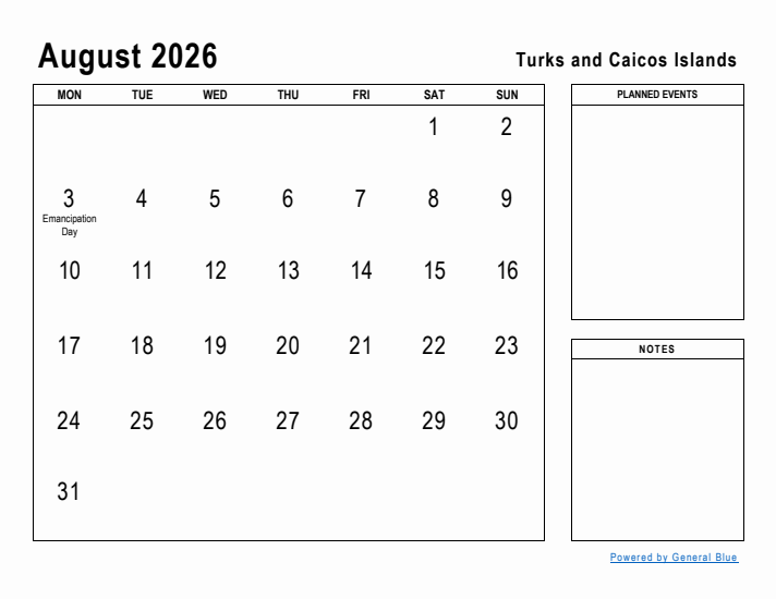 August 2026 Printable Monthly Calendar with Turks and Caicos Islands Holidays