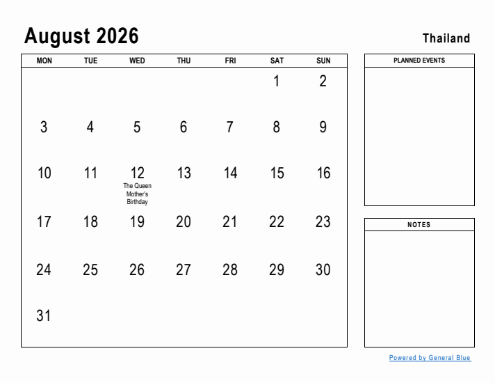 August 2026 Printable Monthly Calendar with Thailand Holidays