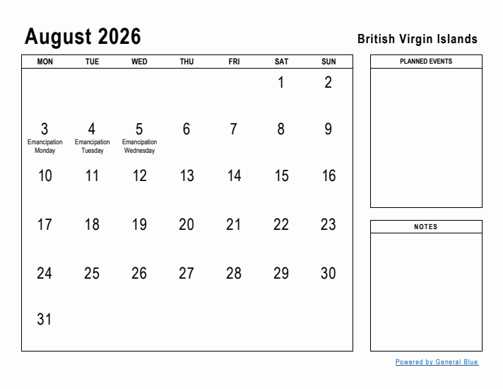 August 2026 Printable Monthly Calendar with British Virgin Islands Holidays