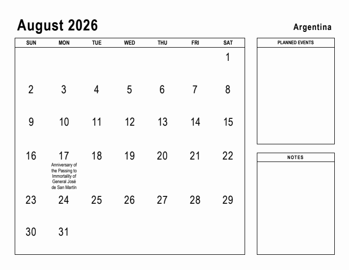 August 2026 Printable Monthly Calendar with Argentina Holidays
