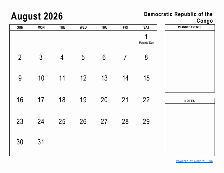 August 2026 Printable Monthly Calendar with Democratic Republic of the Congo Holidays