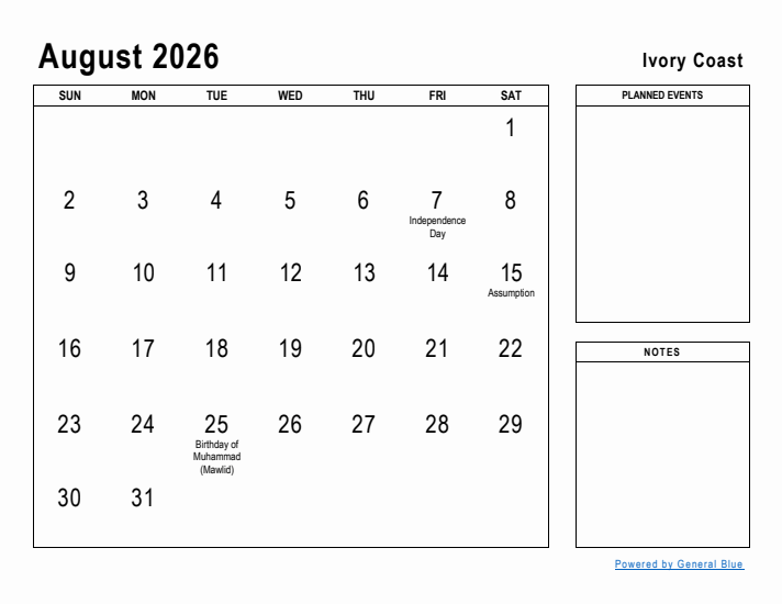 August 2026 Printable Monthly Calendar with Ivory Coast Holidays