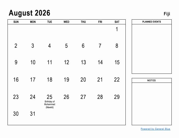 August 2026 Printable Monthly Calendar with Fiji Holidays