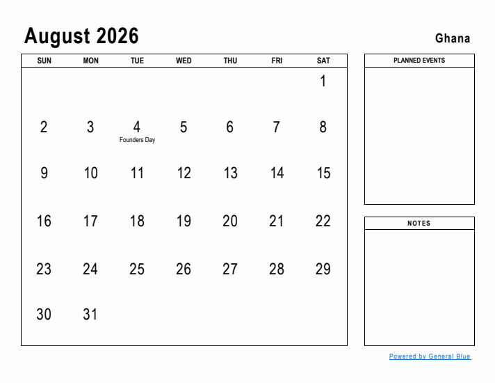 August 2026 Printable Monthly Calendar with Ghana Holidays