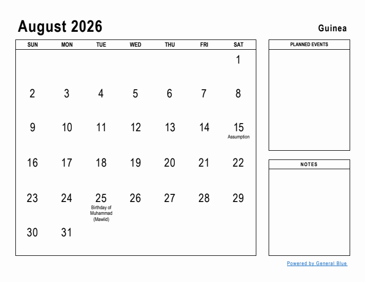 August 2026 Printable Monthly Calendar with Guinea Holidays