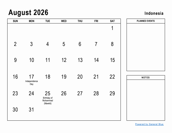 August 2026 Printable Monthly Calendar with Indonesia Holidays