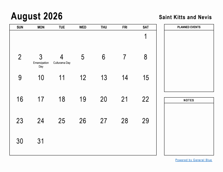 August 2026 Printable Monthly Calendar with Saint Kitts and Nevis Holidays