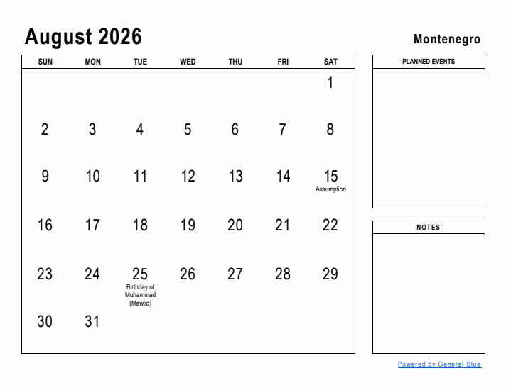 August 2026 Printable Monthly Calendar with Montenegro Holidays
