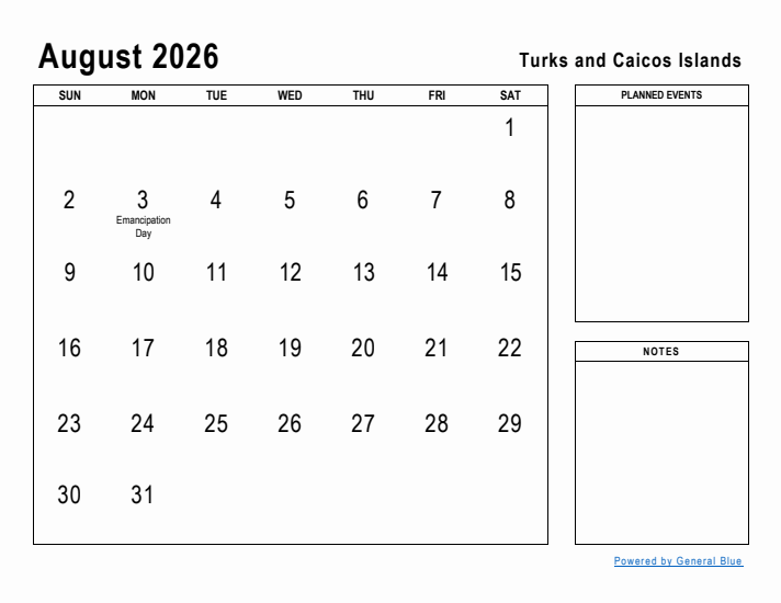August 2026 Printable Monthly Calendar with Turks and Caicos Islands Holidays