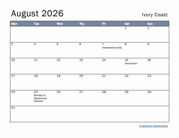 August 2026 Simple Monthly Calendar for Ivory Coast