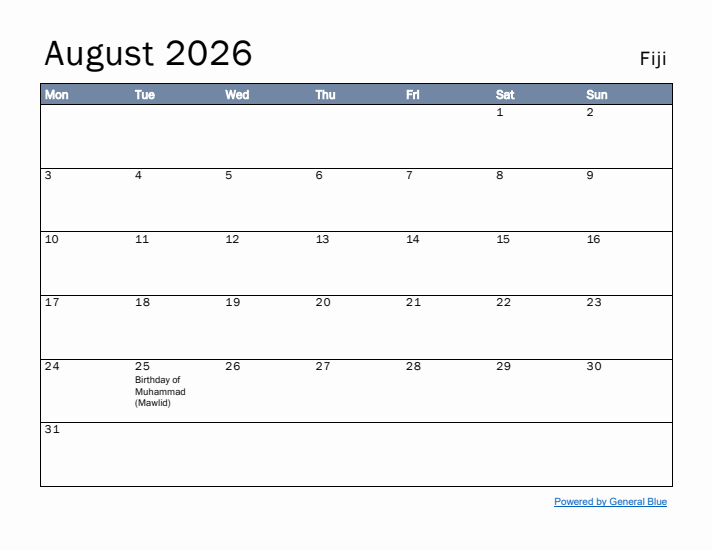 August 2026 Simple Monthly Calendar for Fiji