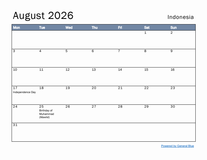 August 2026 Simple Monthly Calendar for Indonesia