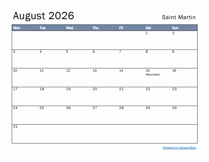 August 2026 Simple Monthly Calendar for Saint Martin