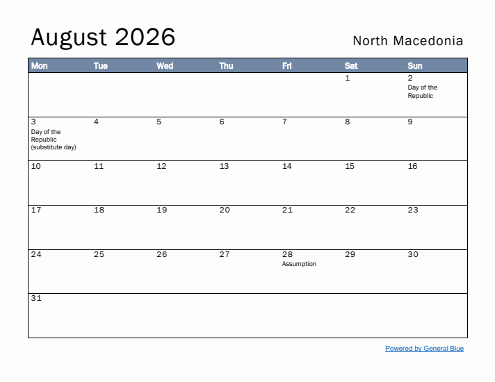 August 2026 Simple Monthly Calendar for North Macedonia