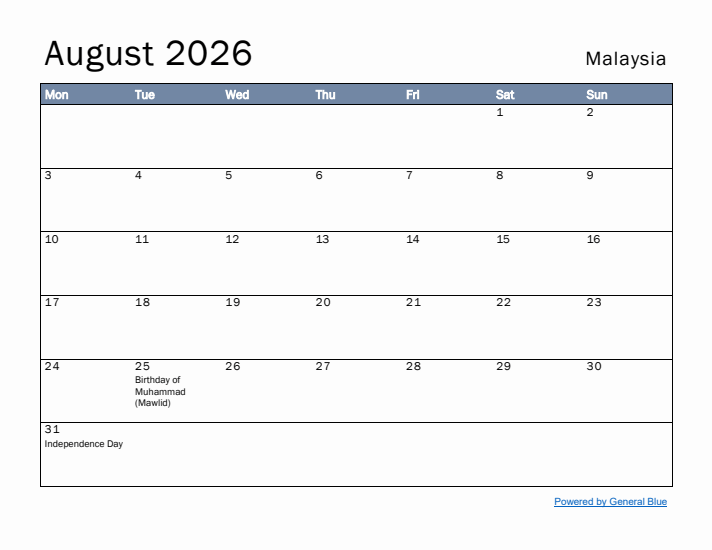 August 2026 Simple Monthly Calendar for Malaysia