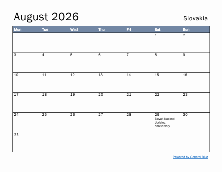 August 2026 Simple Monthly Calendar for Slovakia