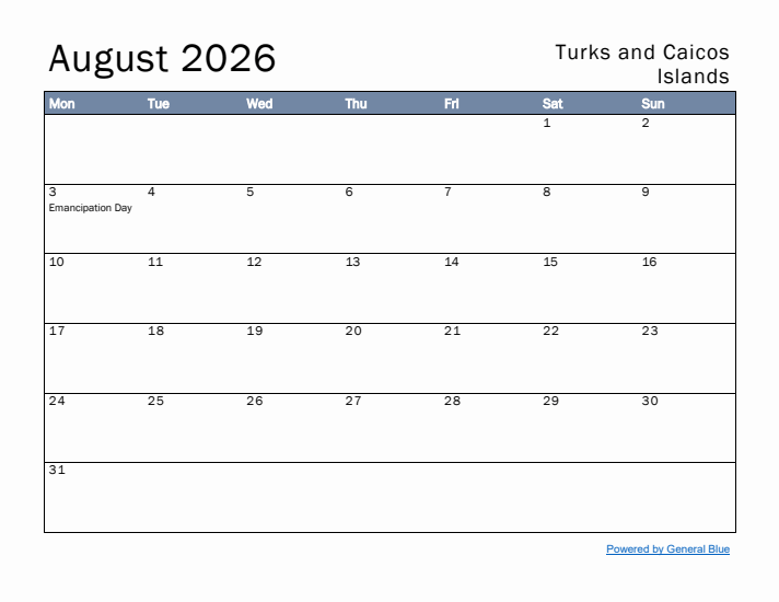 August 2026 Simple Monthly Calendar for Turks and Caicos Islands