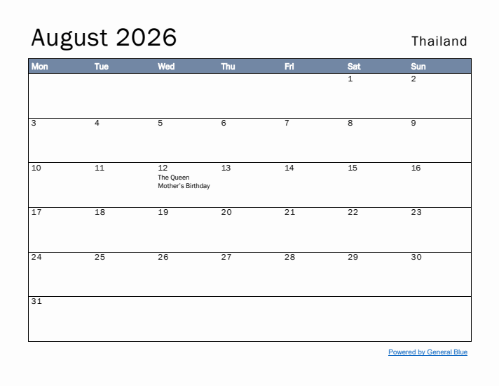 August 2026 Simple Monthly Calendar for Thailand