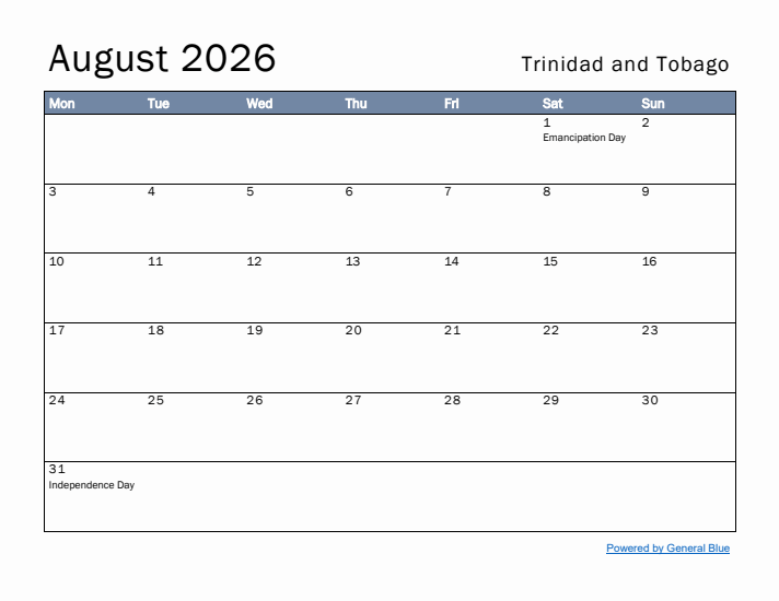 August 2026 Simple Monthly Calendar for Trinidad and Tobago