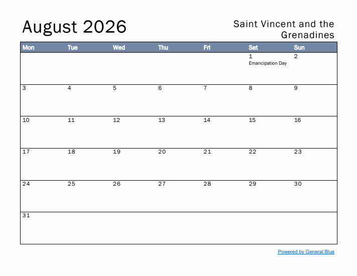August 2026 Simple Monthly Calendar for Saint Vincent and the Grenadines