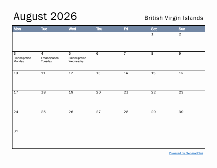 August 2026 Simple Monthly Calendar for British Virgin Islands
