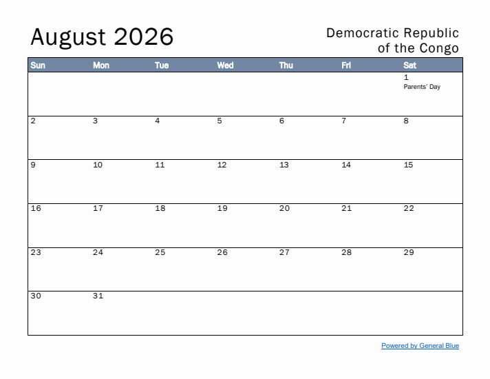 August 2026 Simple Monthly Calendar for Democratic Republic of the Congo