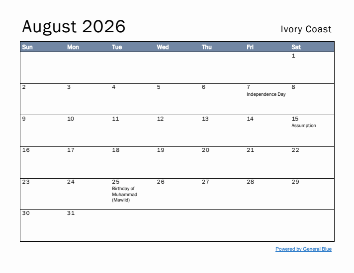 August 2026 Simple Monthly Calendar for Ivory Coast