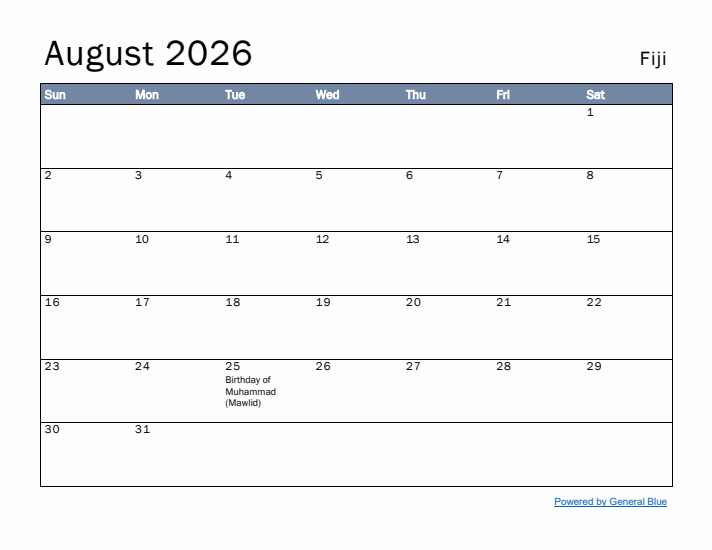 August 2026 Simple Monthly Calendar for Fiji