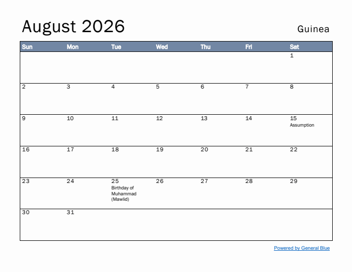 August 2026 Simple Monthly Calendar for Guinea