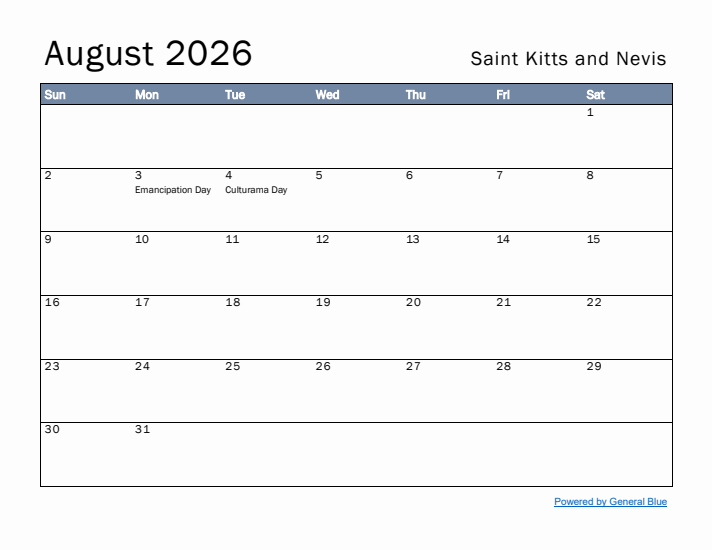 August 2026 Simple Monthly Calendar for Saint Kitts and Nevis