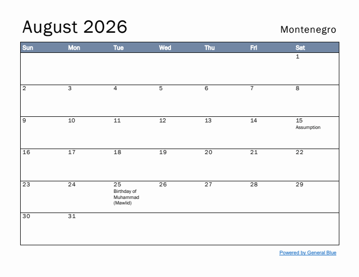 August 2026 Simple Monthly Calendar for Montenegro