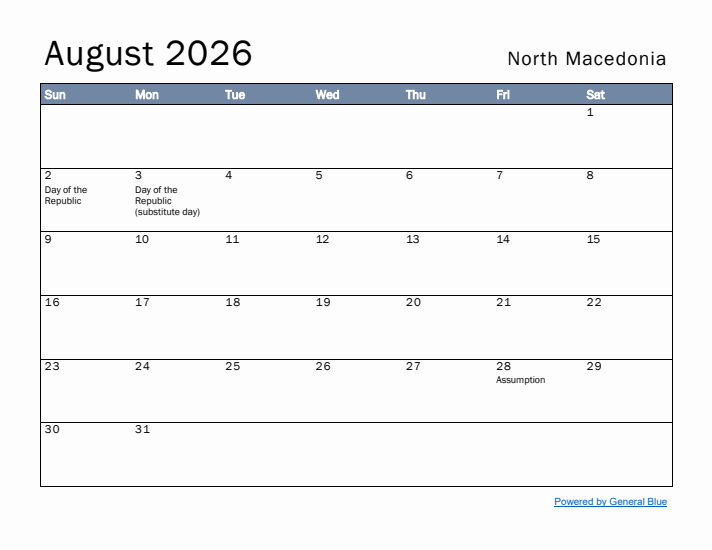 August 2026 Simple Monthly Calendar for North Macedonia