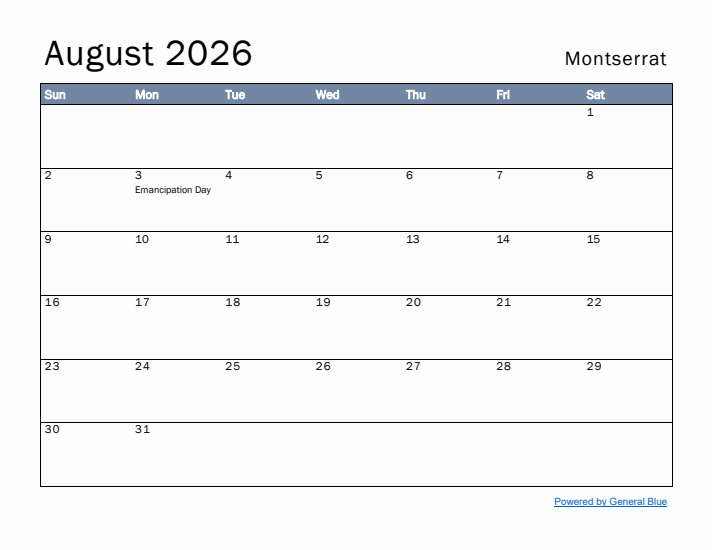 August 2026 Simple Monthly Calendar for Montserrat