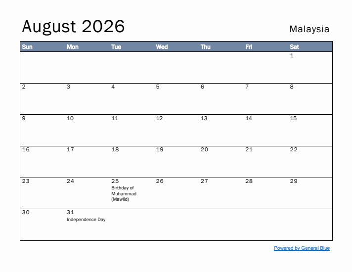 August 2026 Simple Monthly Calendar for Malaysia