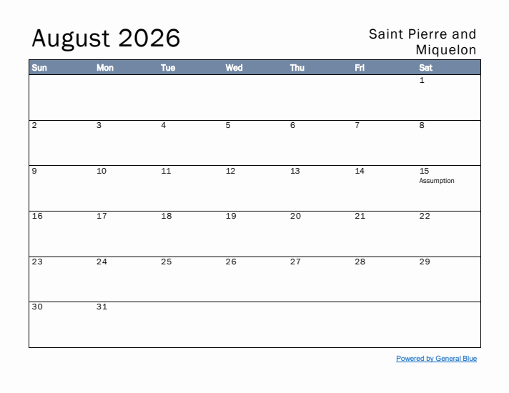 August 2026 Simple Monthly Calendar for Saint Pierre and Miquelon