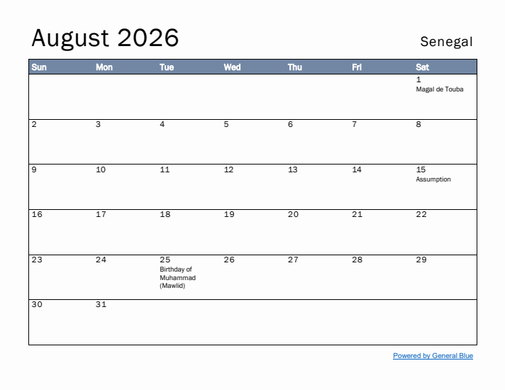 August 2026 Simple Monthly Calendar for Senegal