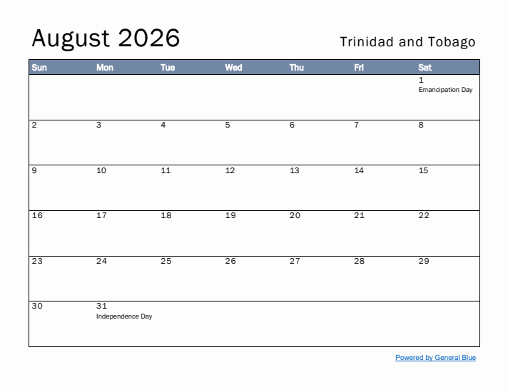 August 2026 Simple Monthly Calendar for Trinidad and Tobago