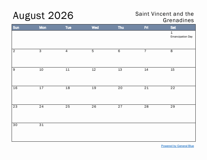 August 2026 Simple Monthly Calendar for Saint Vincent and the Grenadines