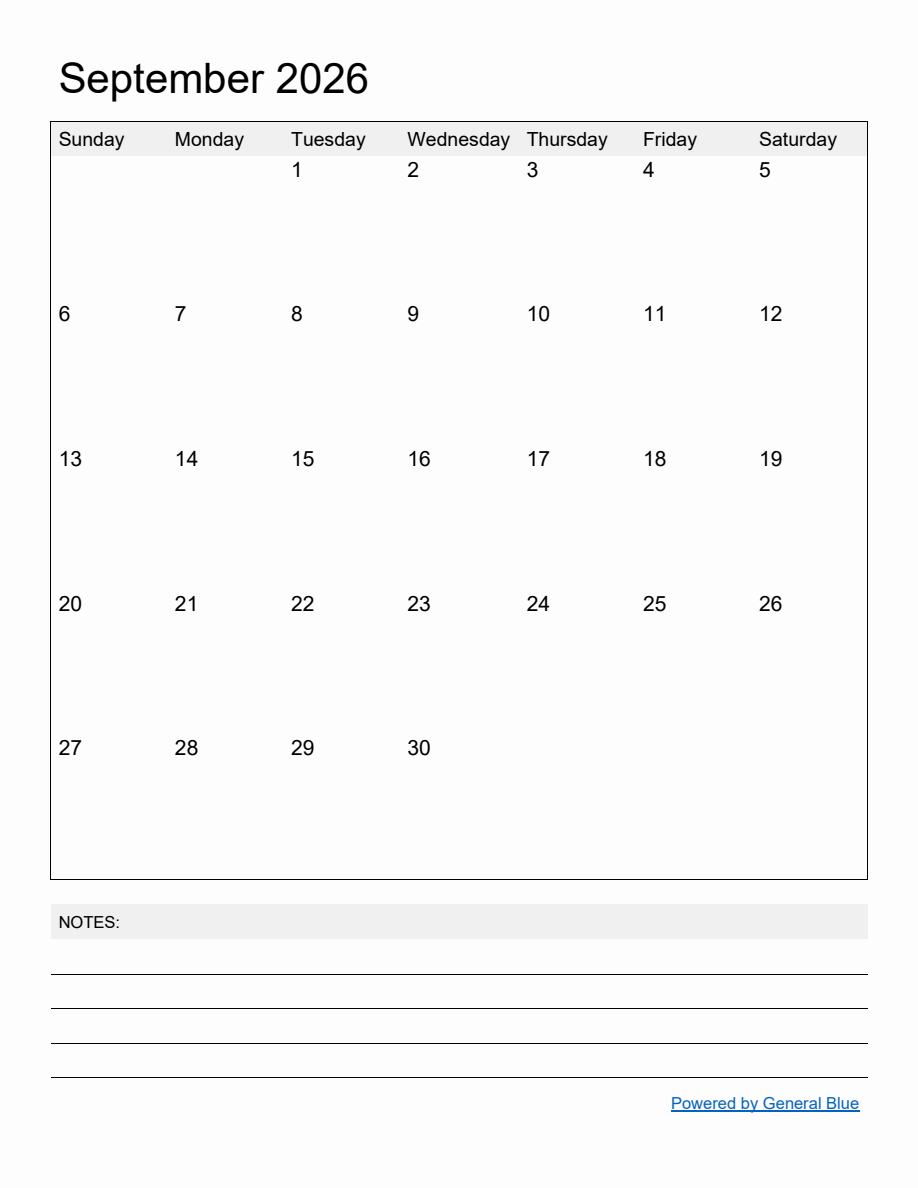 Free Printable Monthly Calendar for September 2026 Free Printable Monthly Calendar for September 2026