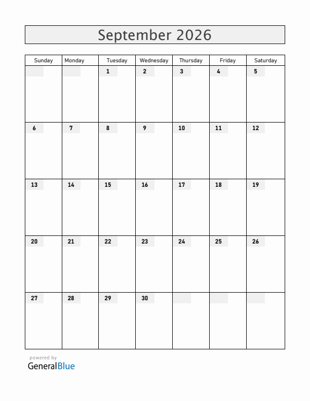 Blank September 2026 Calendar