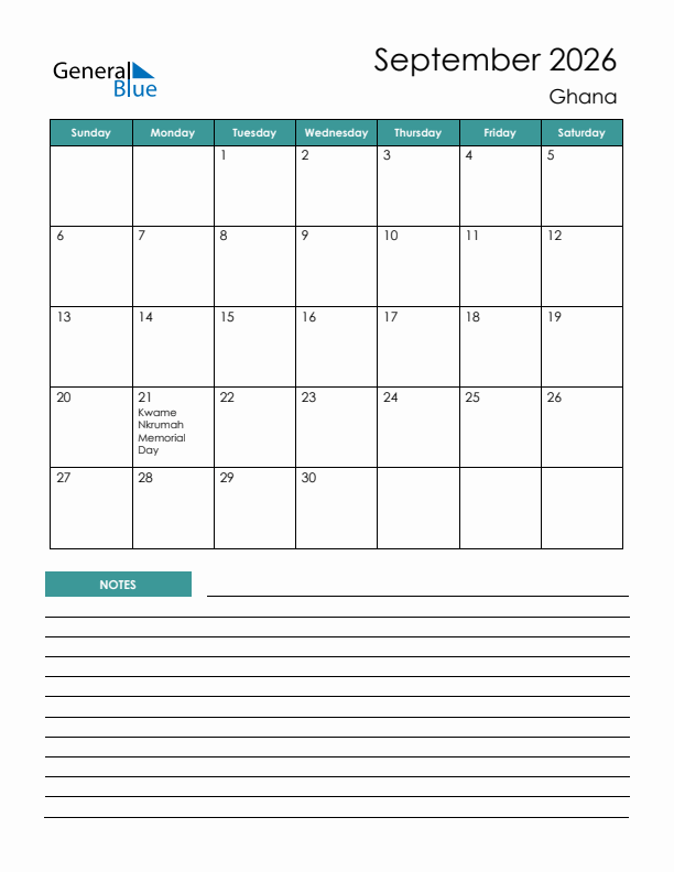 Calendar with Notes Printable - Sunday Start
