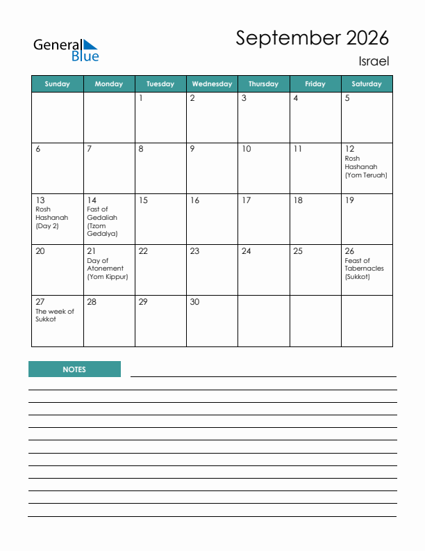 Calendar with Notes Printable - Sunday Start