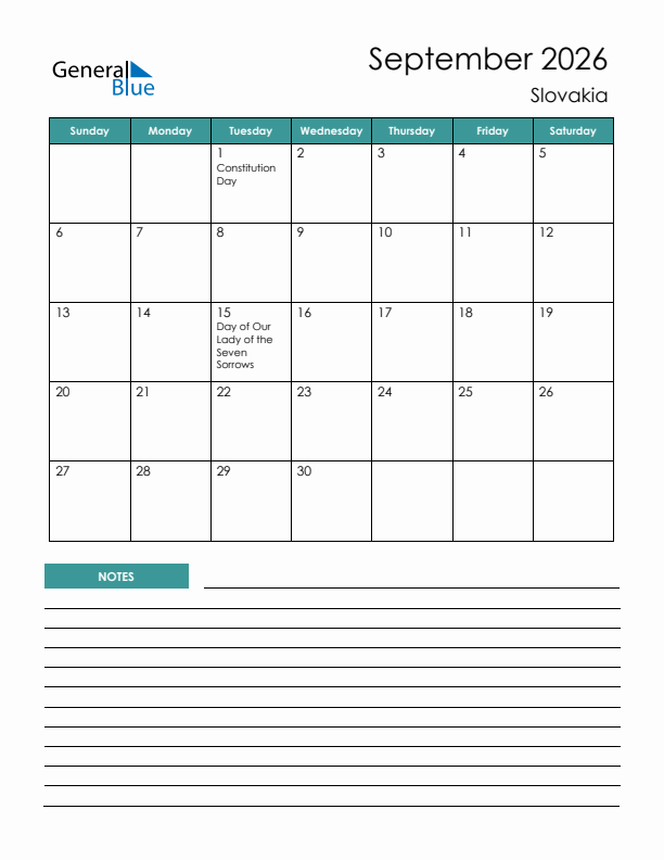 Calendar with Notes Printable - Sunday Start