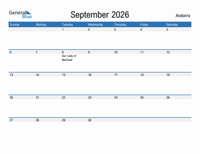 Current month calendar with Andorra holidays for September 2026