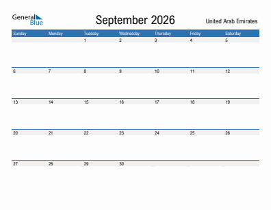 Current month calendar with United Arab Emirates holidays for September 2026