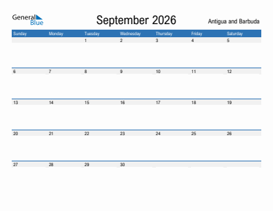 Current month calendar with Antigua and Barbuda holidays for September 2026