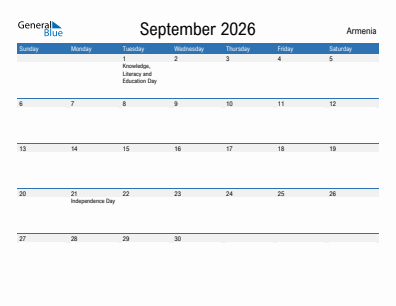Current month calendar with Armenia holidays for September 2026